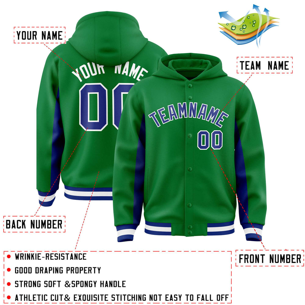 Custom Kelly Green Royal Color Block Varsity Full-Snap Letterman Hoodie Jacket