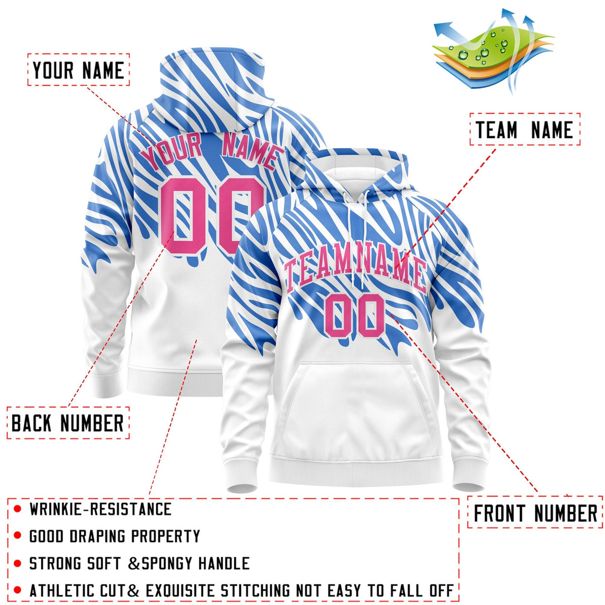 Custom White Powder Blue Pink Leopard Print Pullover Sweatshirt Hoodie| KXKSHOP