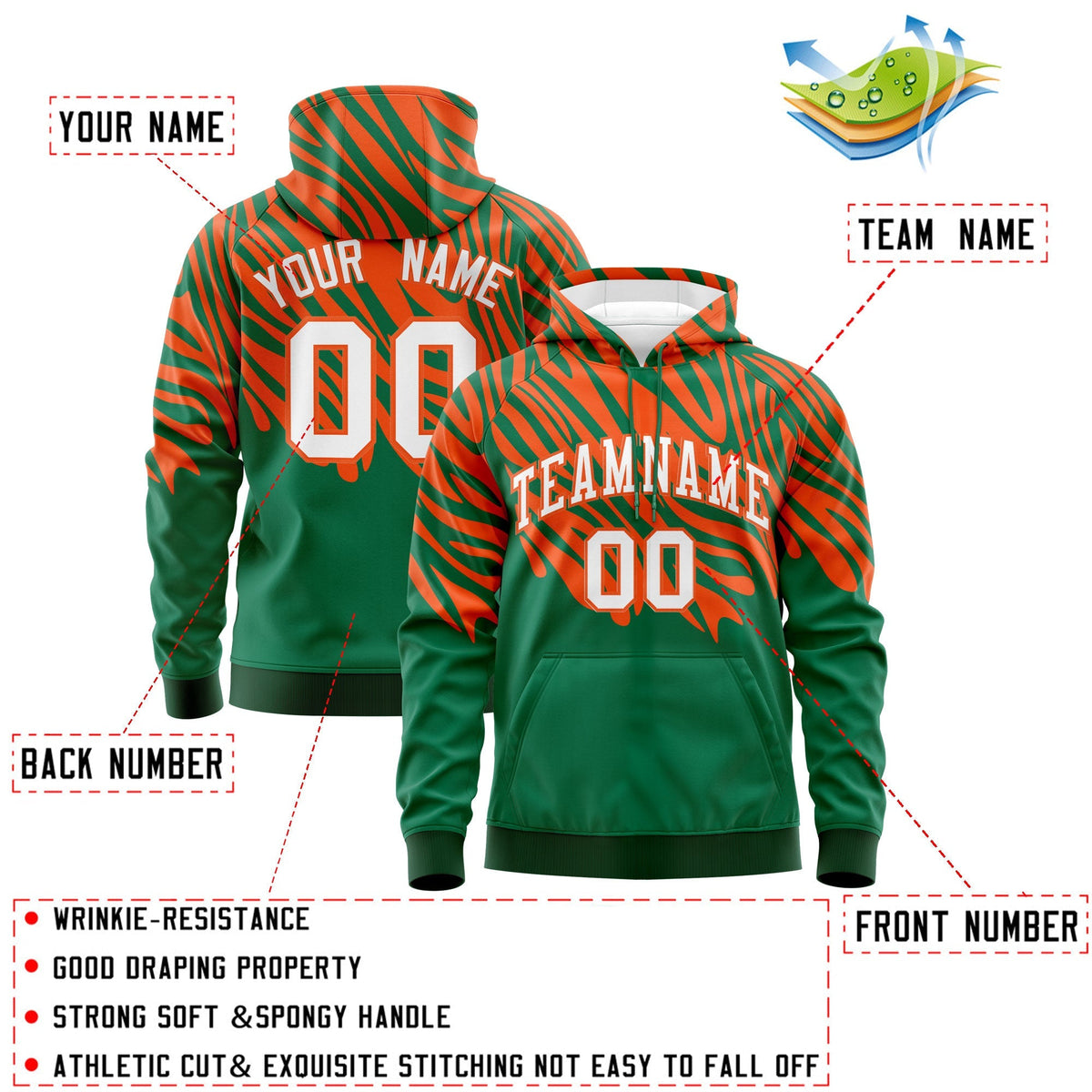Custom Kelly Green Orange White Leopard Print Pullover Sweatshirt Hoodie| KXKSHOP