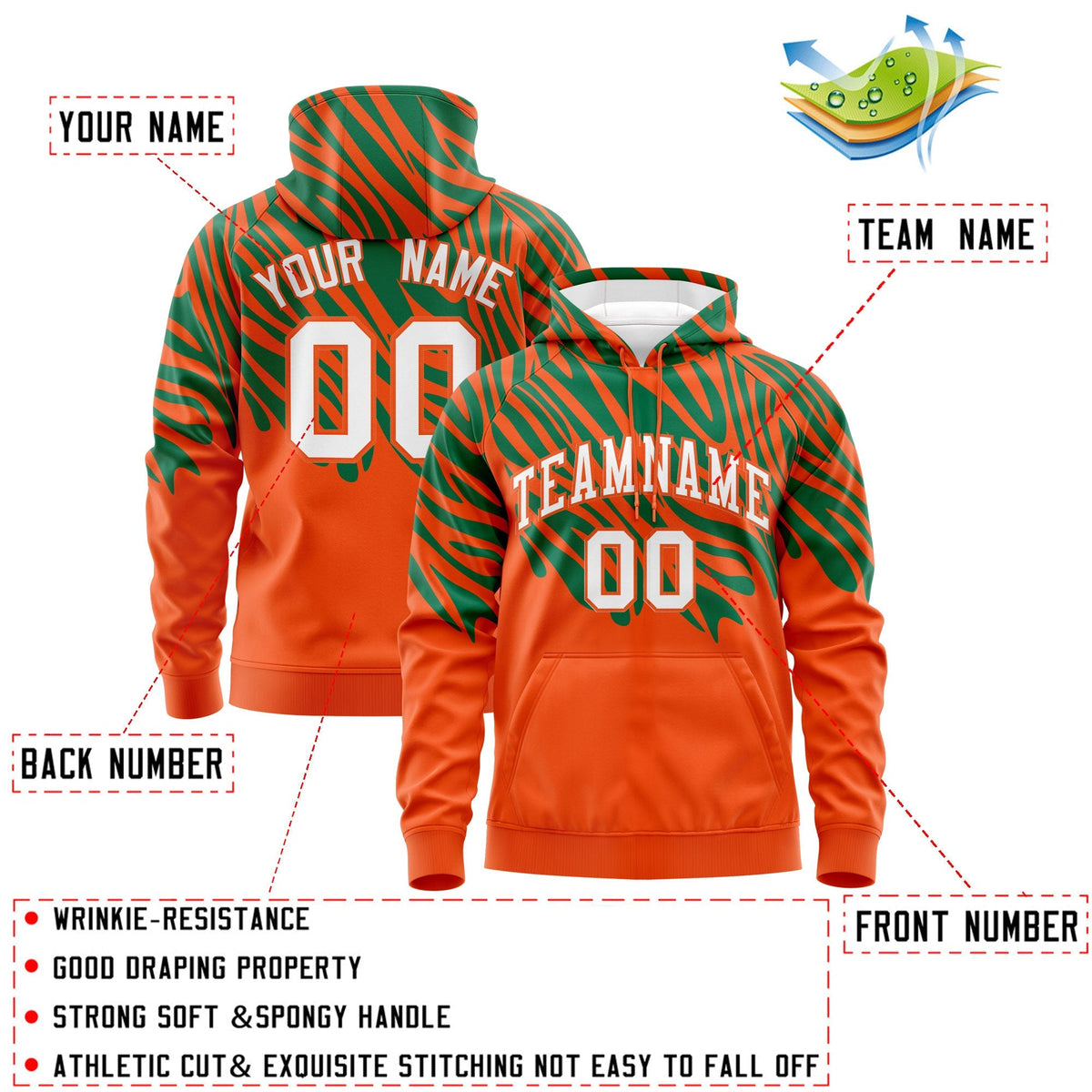 Custom Orange Kelly Green White Leopard Print Pullover Sweatshirt Hoodie| KXKSHOP