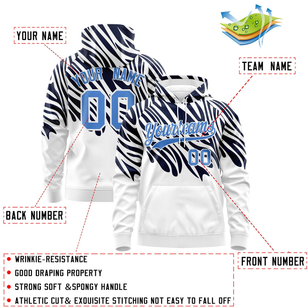 Custom Navy White Powder Blue Leopard Print Pullover Sweatshirt Hoodie| KXKSHOP