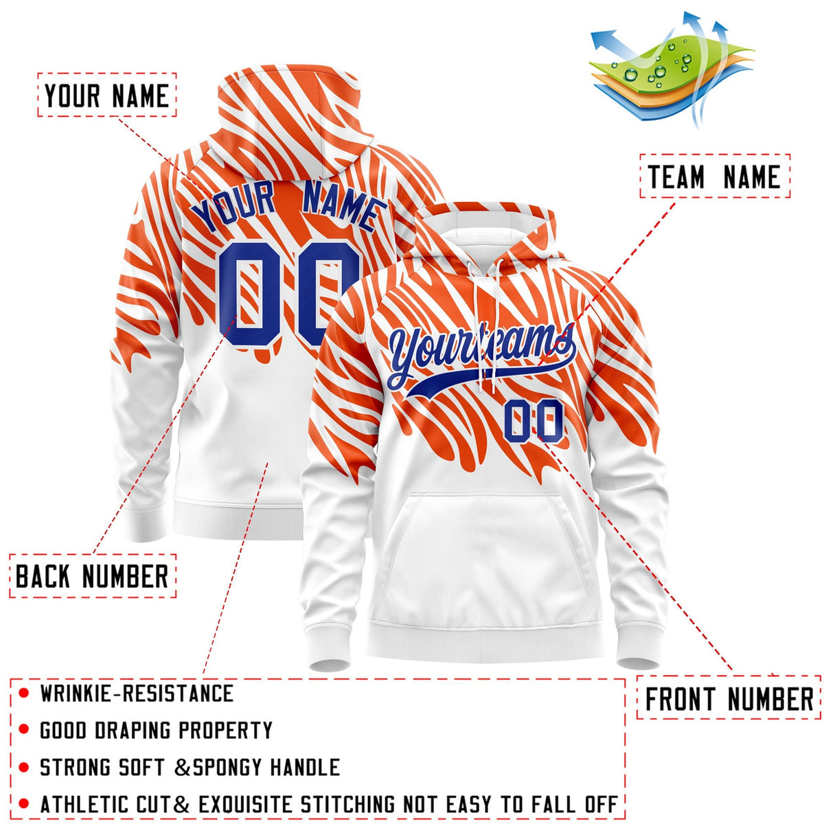Custom Orange White Royal Blue Leopard Print Pullover Sweatshirt Hoodie| KXKSHOP