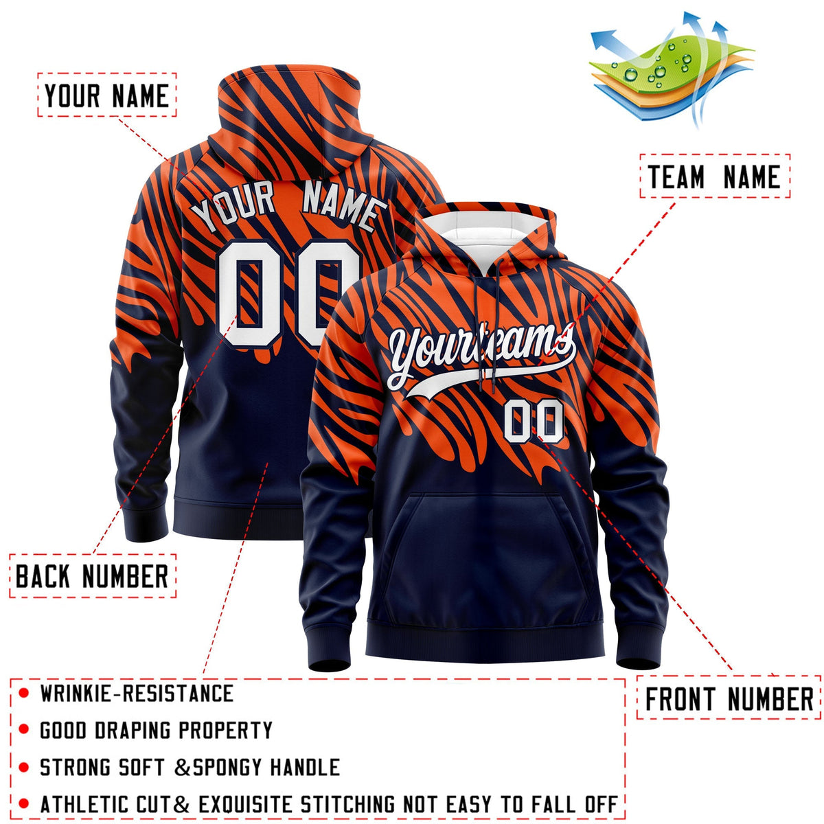 Custom Orange Navy Leopard Print Pullover Sweatshirt Hoodie| KXKSHOP