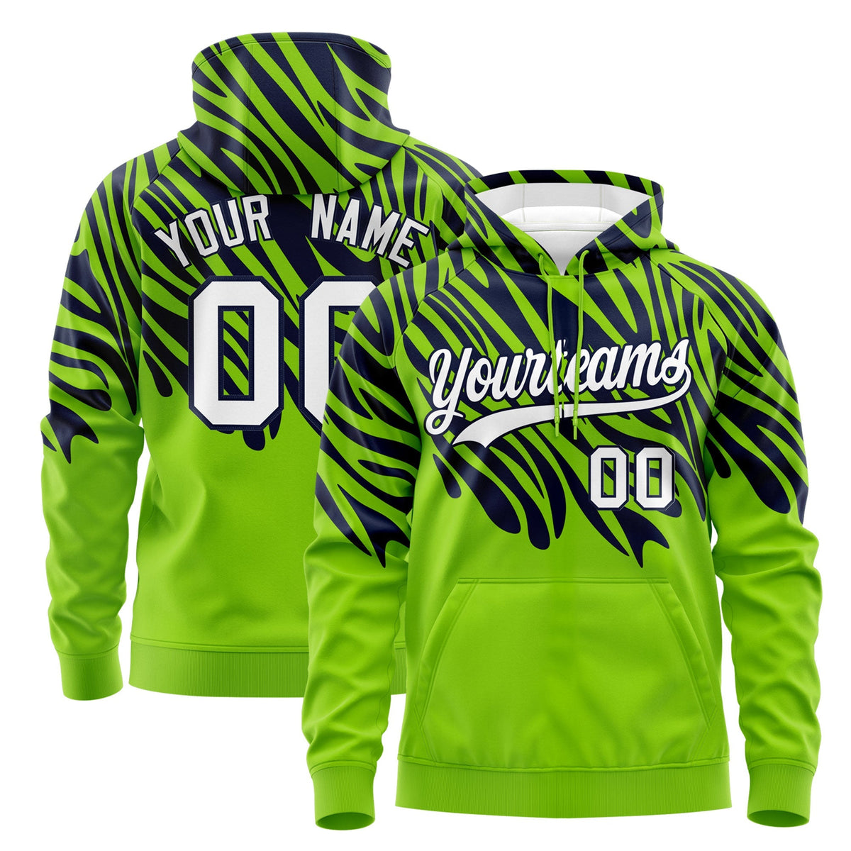 Custom Navy Neon Green Leopard Print Pullover Sweatshirt Hoodie| KXKSHOP
