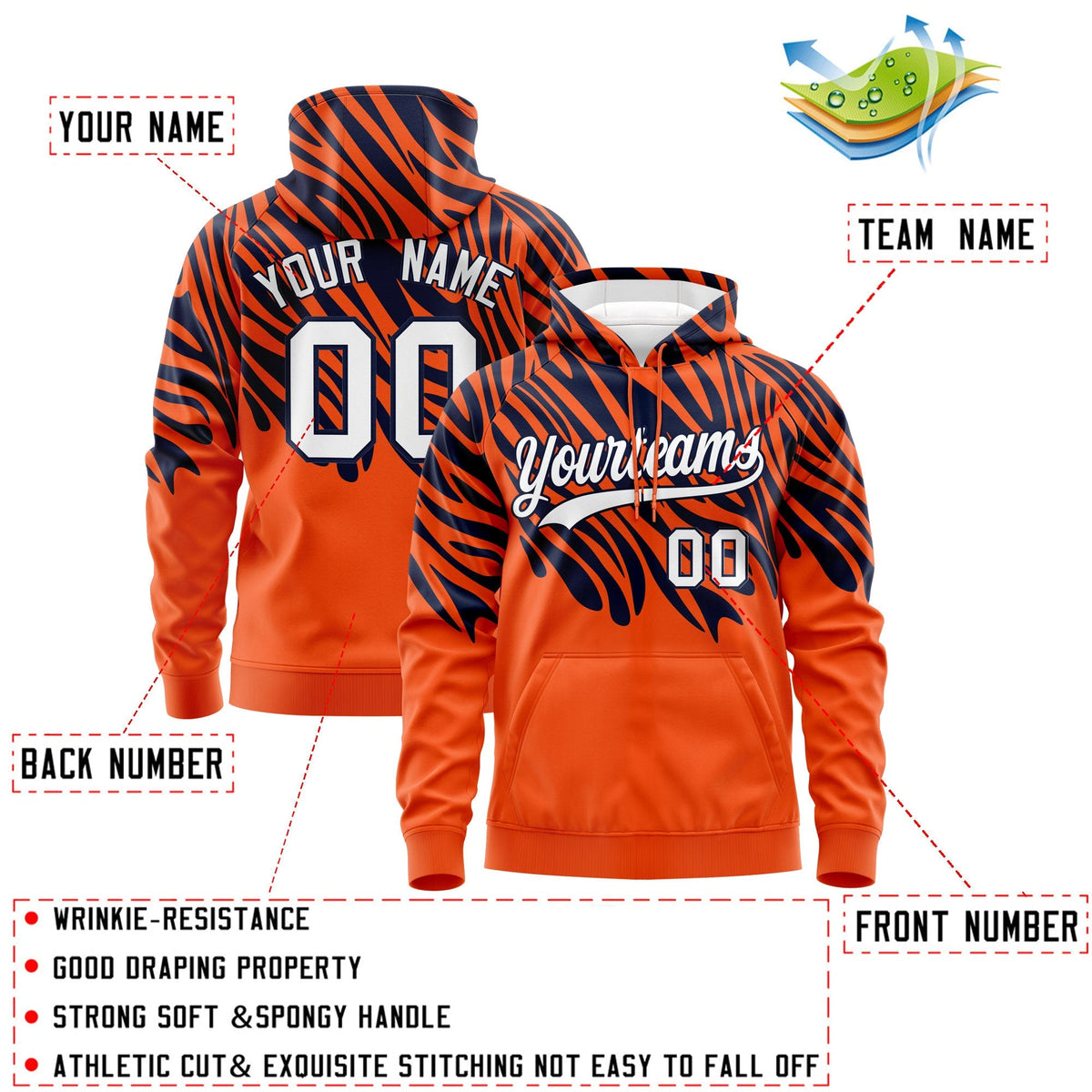 Custom Navy Orange Leopard Print Pullover Sweatshirt Hoodie| KXKSHOP