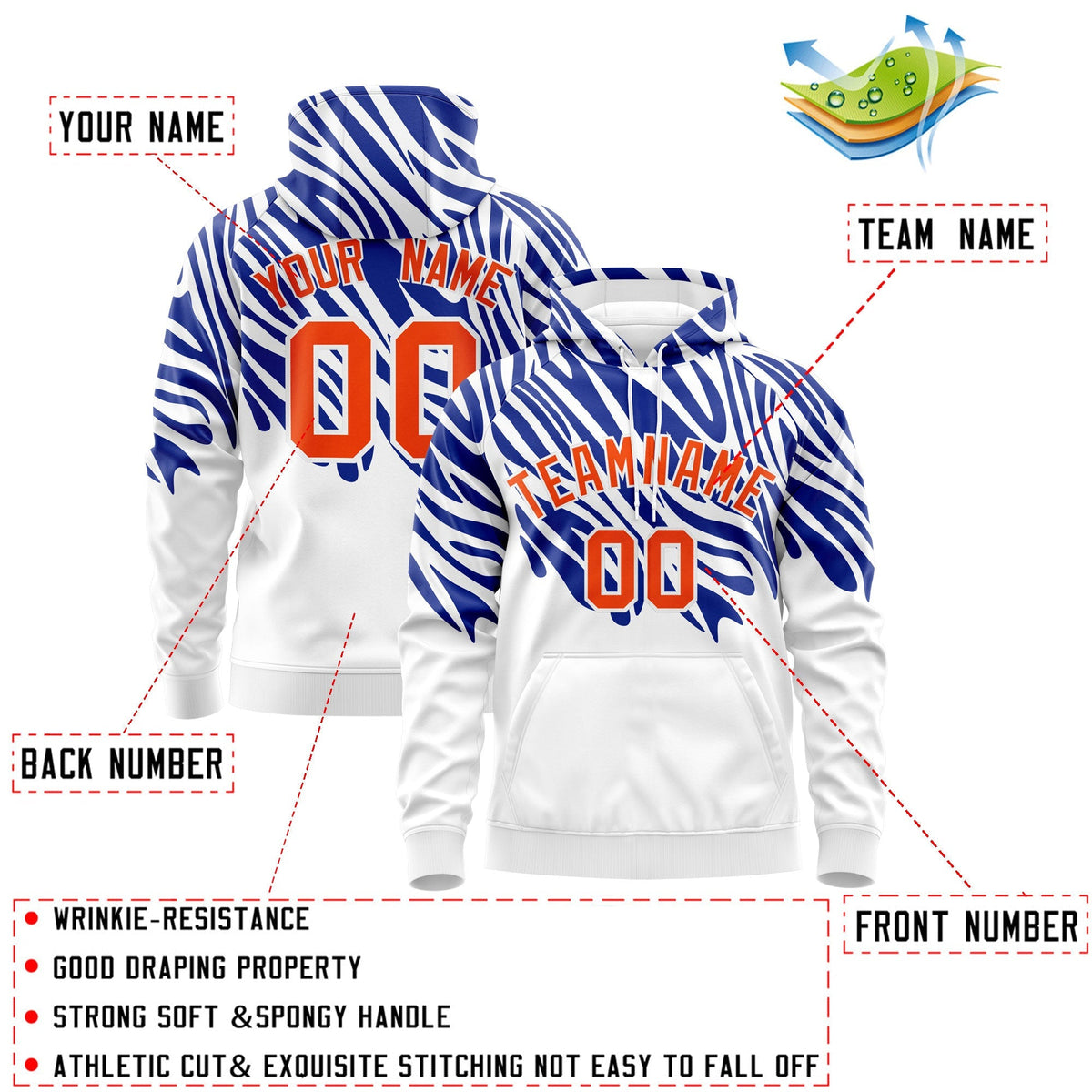 Custom Royal Blue White Orange Leopard Print Pullover Sweatshirt Hoodie| KXKSHOP
