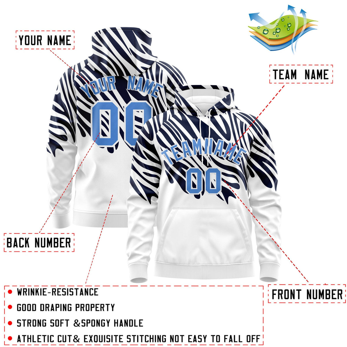 Custom Navy White Powder Blue Leopard Print Pullover Sweatshirt Hoodie| KXKSHOP