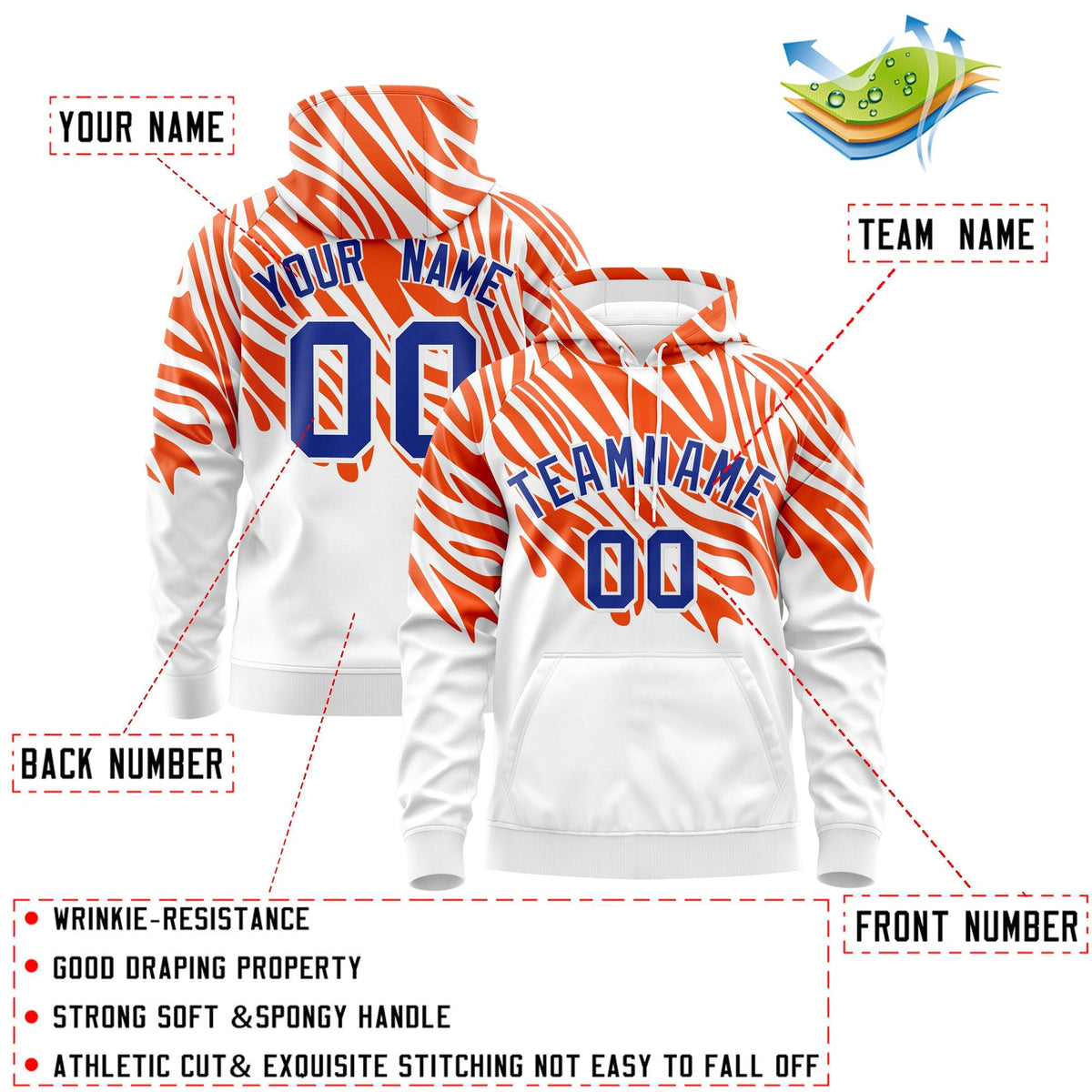Custom Orange White Royal Blue Leopard Print Pullover Sweatshirt Hoodie| KXKSHOP