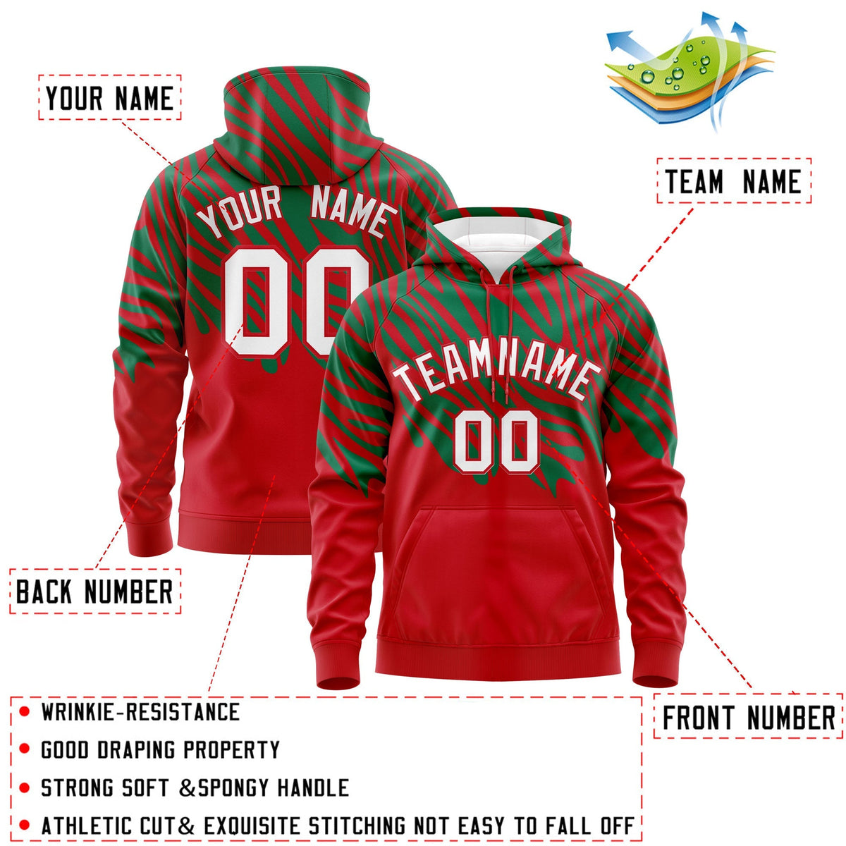 Custom Red Kelly Green Leopard Print Pullover Sweatshirt Hoodie| KXKSHOP