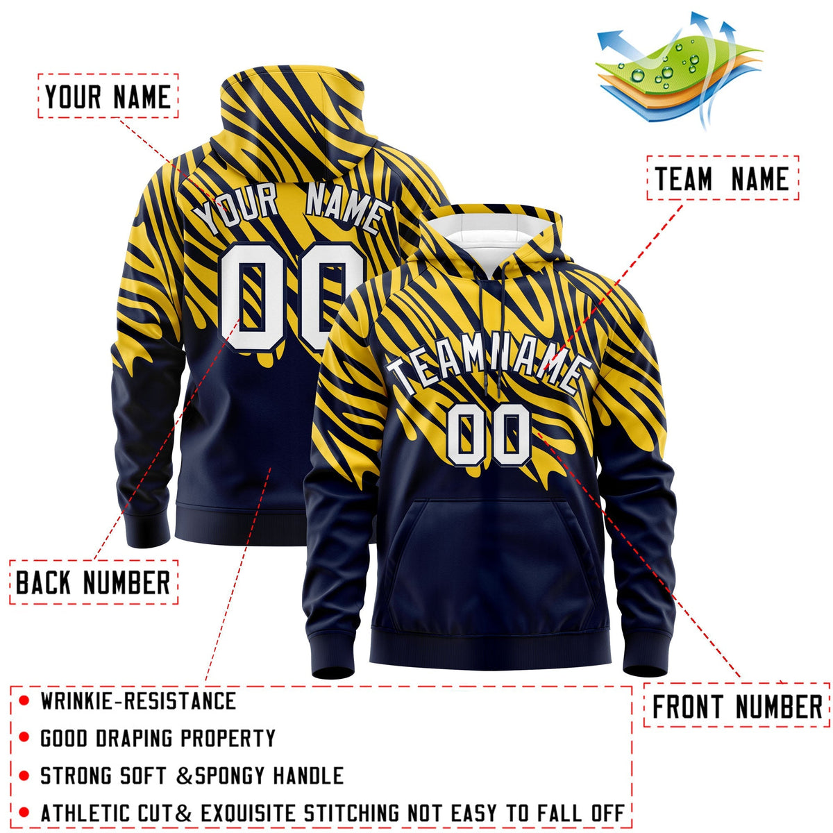 Custom Navy Gold White Leopard Print Pullover Sweatshirt Hoodie| KXKSHOP