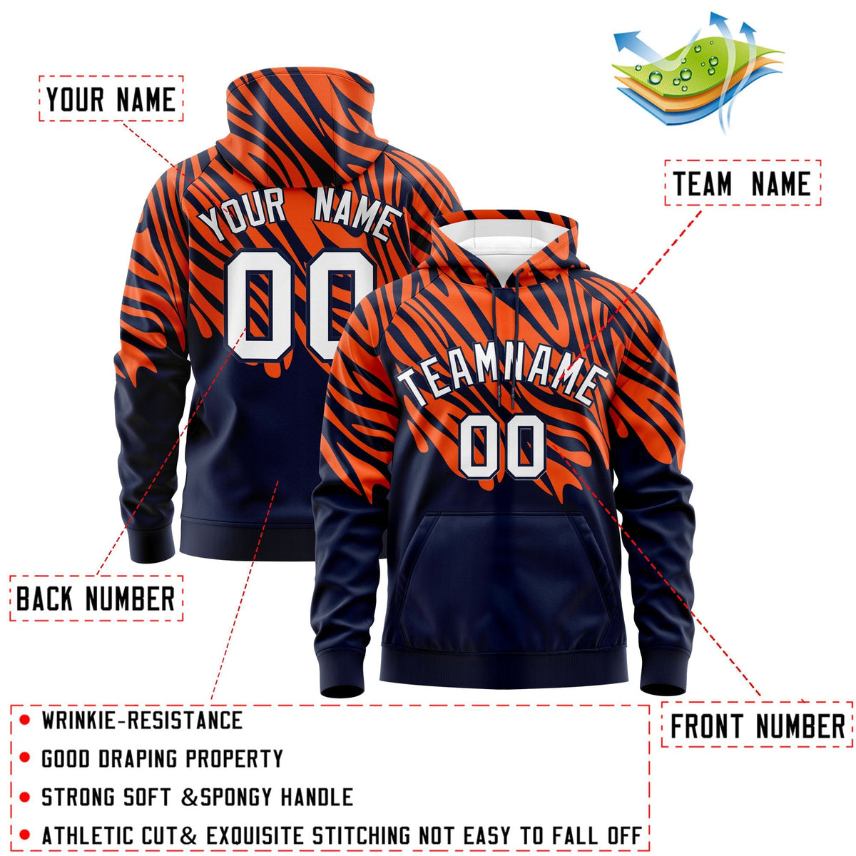 Custom Orange Navy Leopard Print Pullover Sweatshirt Hoodie| KXKSHOP