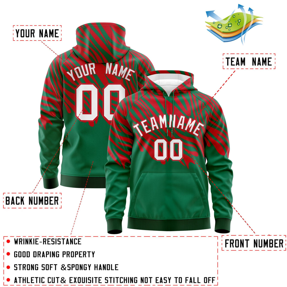 Custom Kelly Green Red Leopard Print Pullover Sweatshirt Hoodie| KXKSHOP