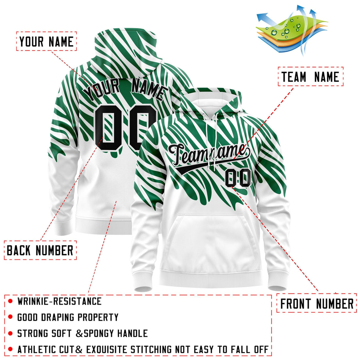 Custom Kelly Green White Black Leopard Print Pullover Sweatshirt Hoodie| KXKSHOP