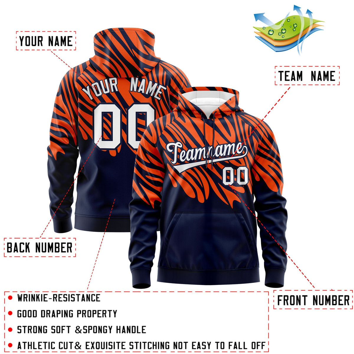 Custom Orange Navy Leopard Print Pullover Sweatshirt Hoodie| KXKSHOP