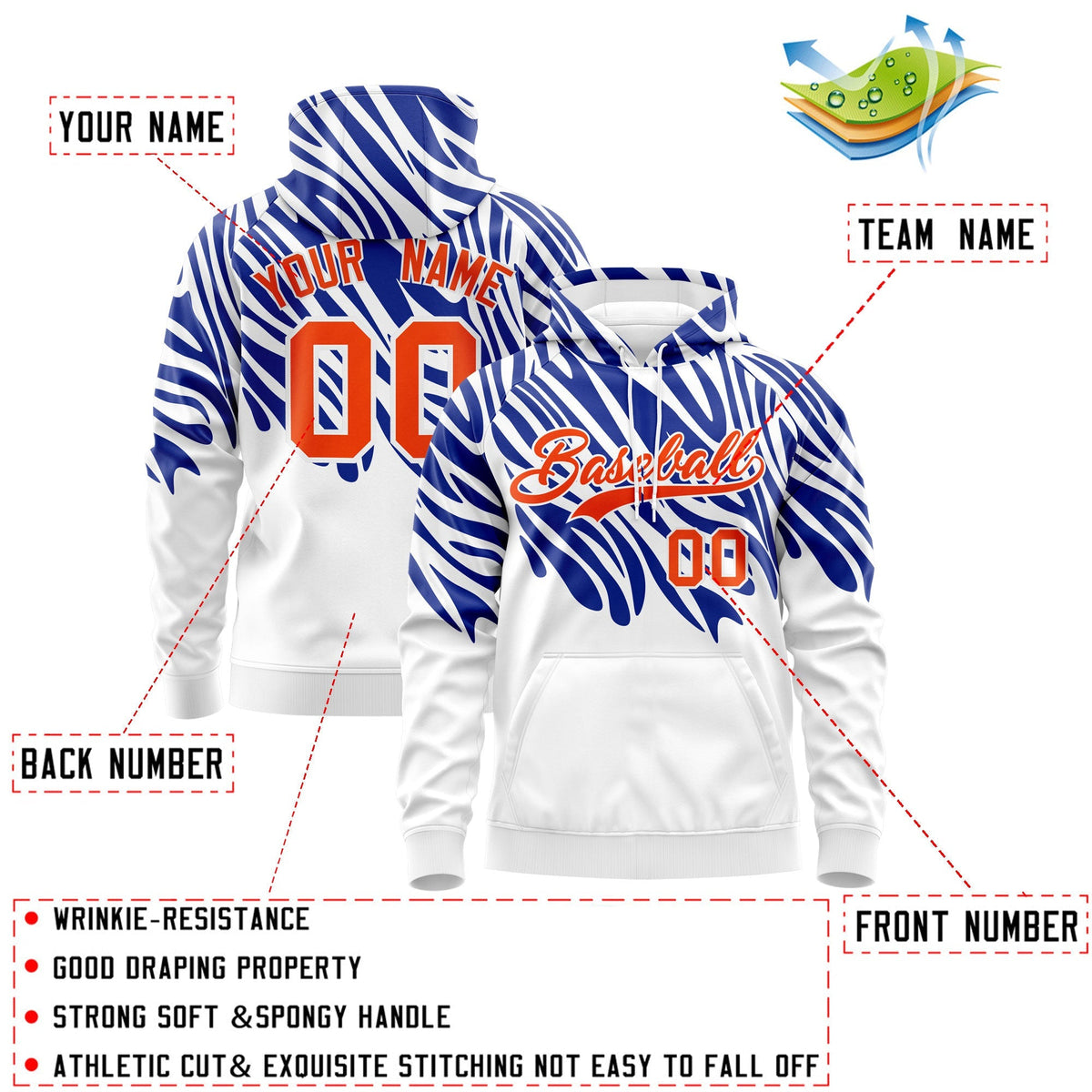 Custom Royal Blue White Orange Leopard Print Pullover Sweatshirt Hoodie| KXKSHOP