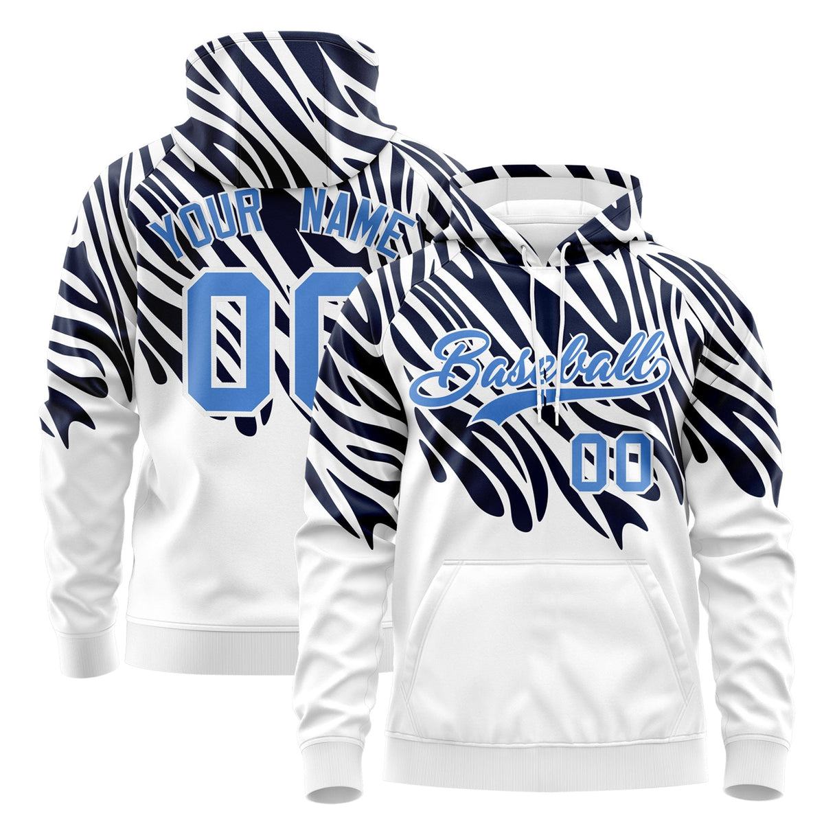 Custom Navy White Powder Blue Leopard Print Pullover Sweatshirt Hoodie| KXKSHOP
