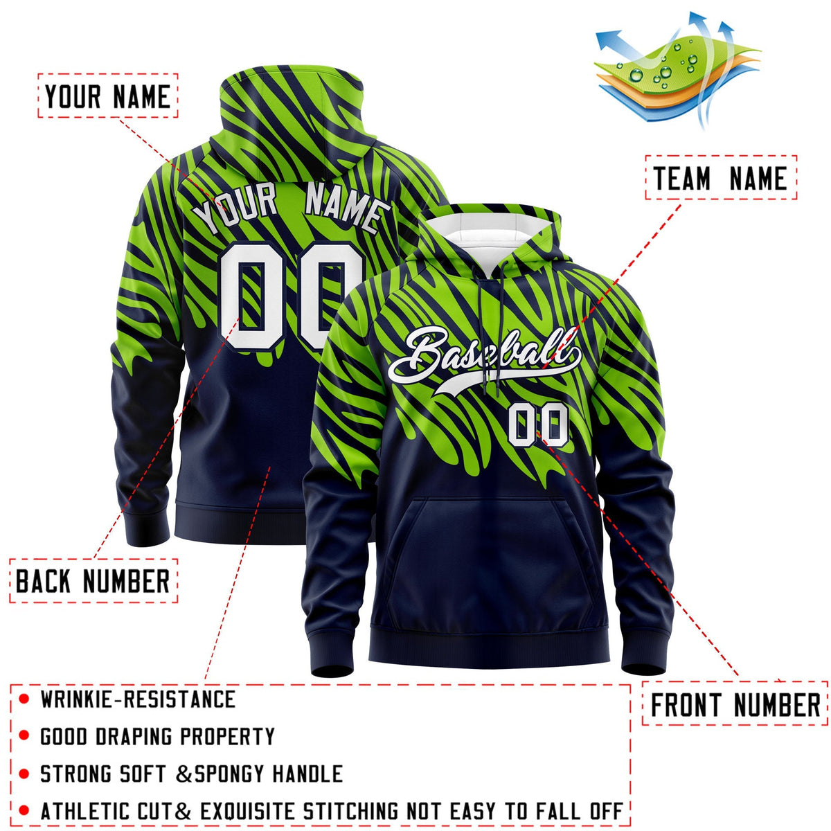 Custom Neon Green Navy Leopard Print Pullover Sweatshirt Hoodie| KXKSHOP
