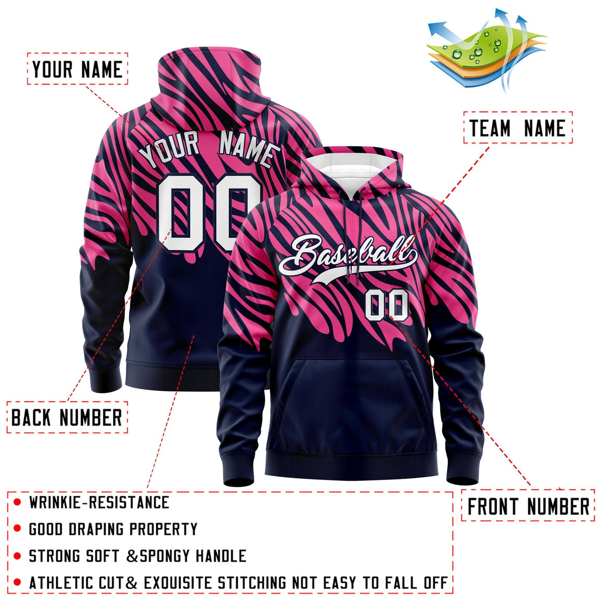 Custom Pink Navy Leopard Print Pullover Sweatshirt Hoodie| KXKSHOP