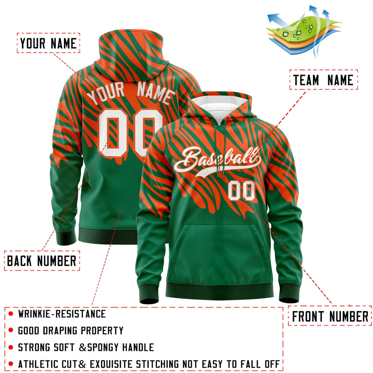 Custom Kelly Green Orange White Leopard Print Pullover Sweatshirt Hoodie| KXKSHOP