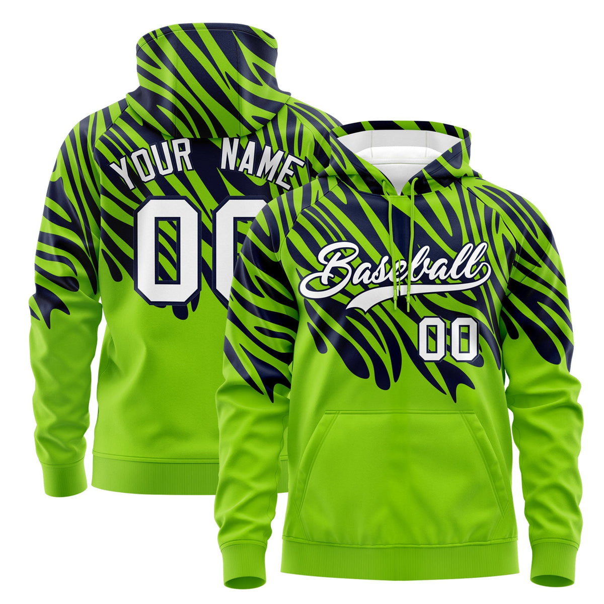 Custom Navy Neon Green Leopard Print Pullover Sweatshirt Hoodie| KXKSHOP