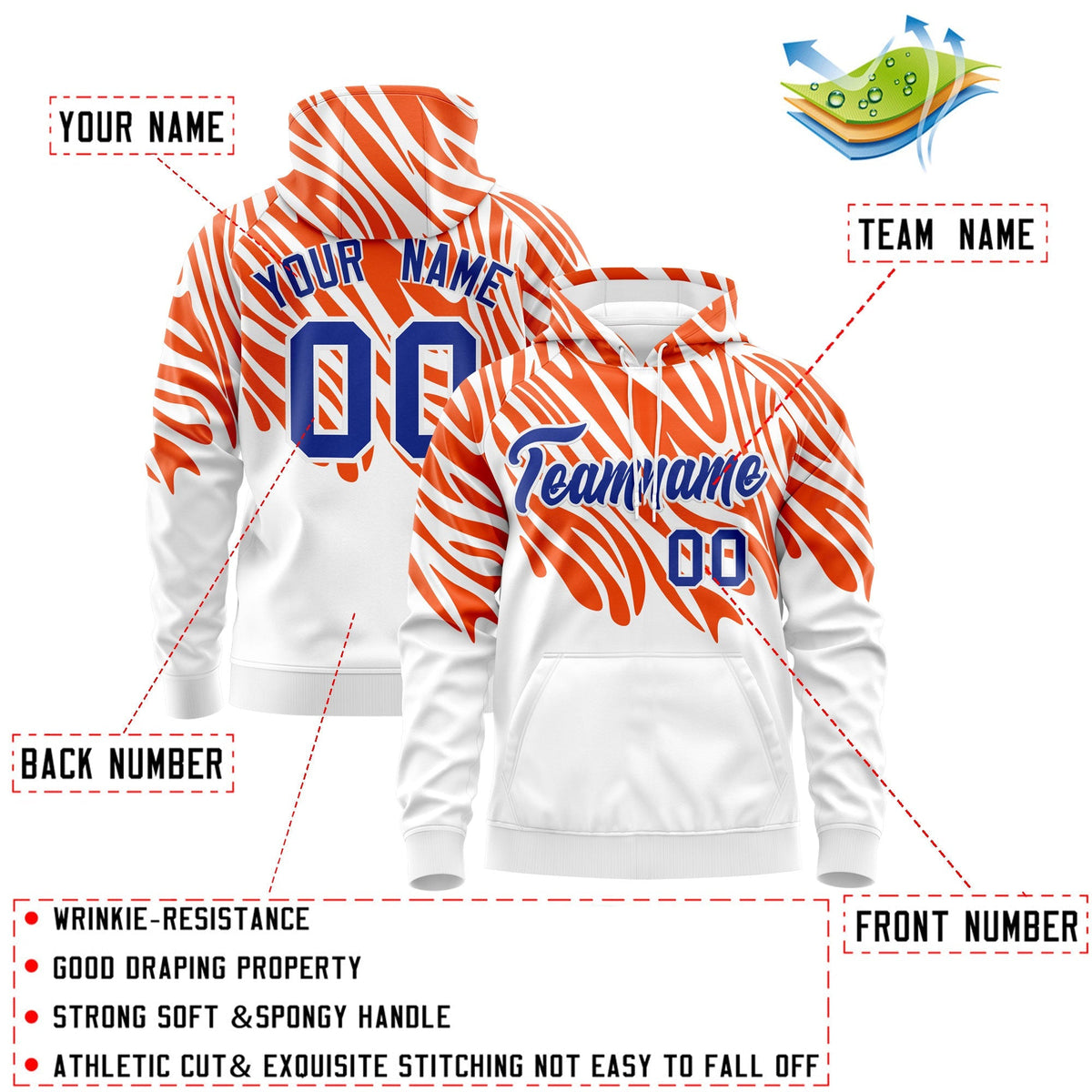 Custom Orange White Royal Blue Leopard Print Pullover Sweatshirt Hoodie| KXKSHOP