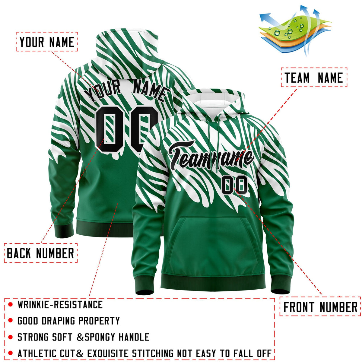 Custom Kelly Green White Leopard Print Pullover Sweatshirt Hoodie| KXKSHOP