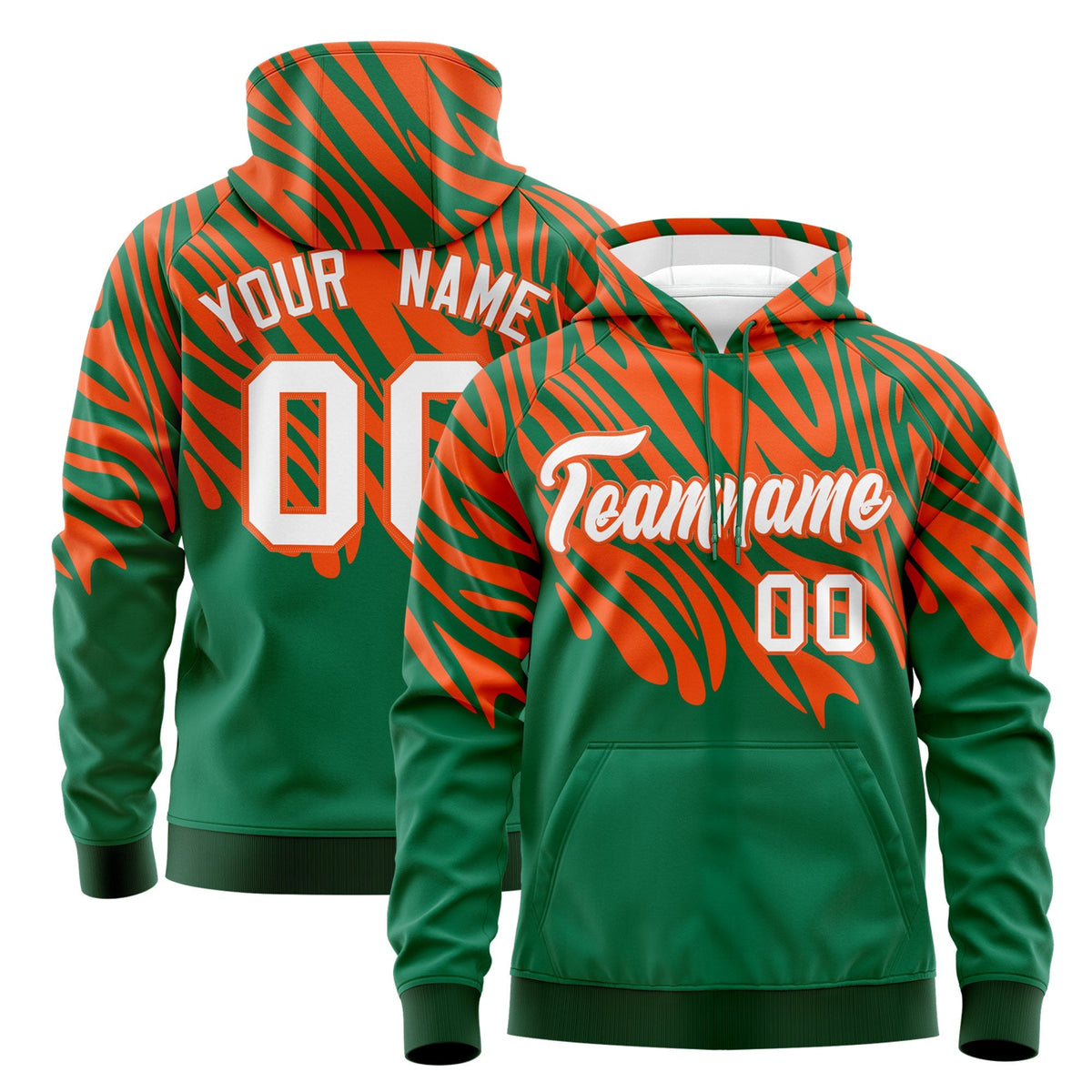 Custom Kelly Green Orange White Leopard Print Pullover Sweatshirt Hoodie| KXKSHOP