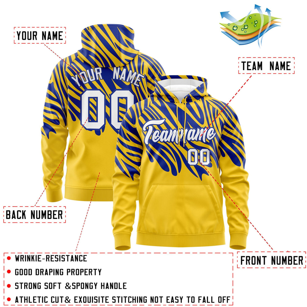 Custom Royal Blue Gold Leopard Print Pullover Sweatshirt Hoodie| KXKSHOP