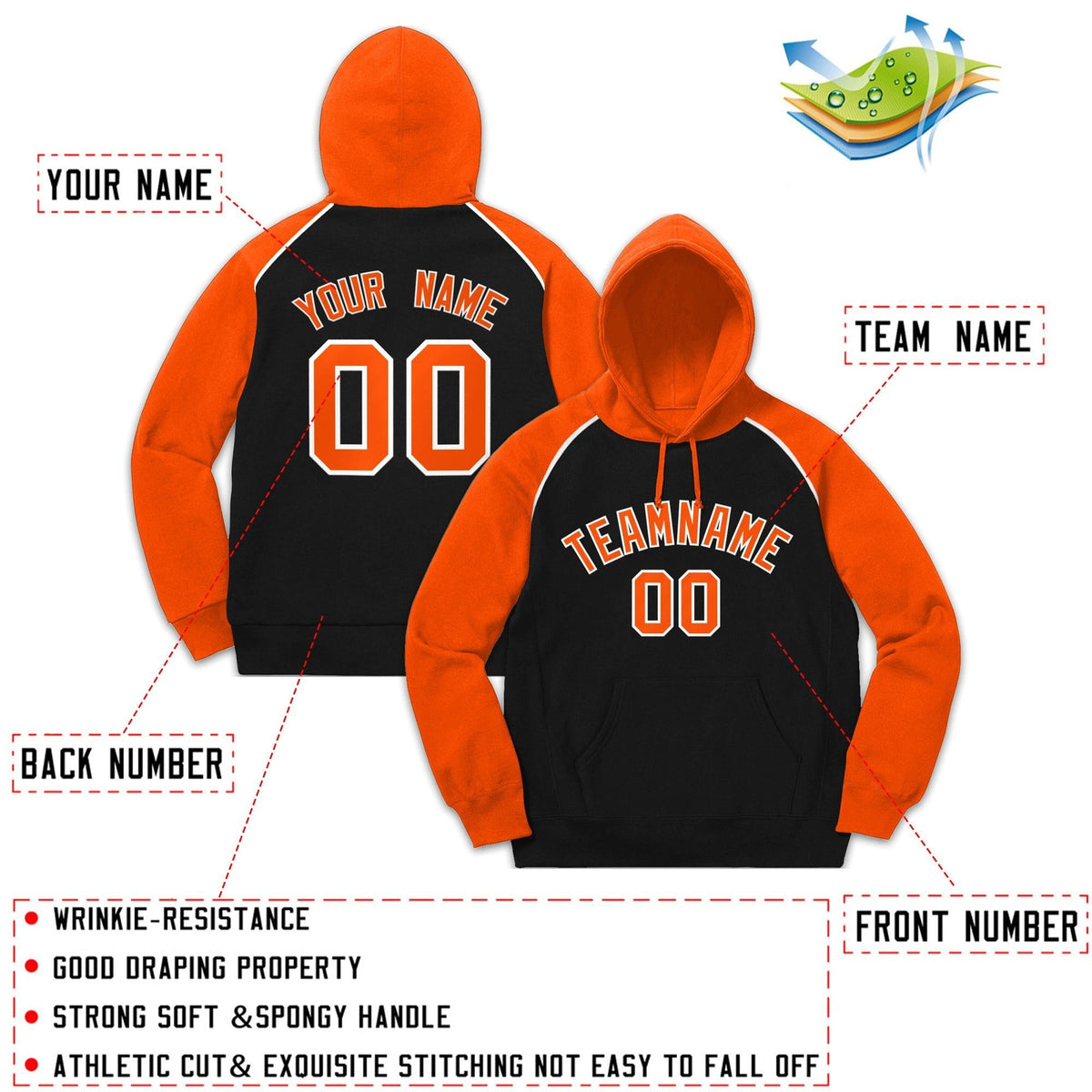 Custom Stitched Sportwear Black Orange-White Raglan Sleeves Pullover Hoodie