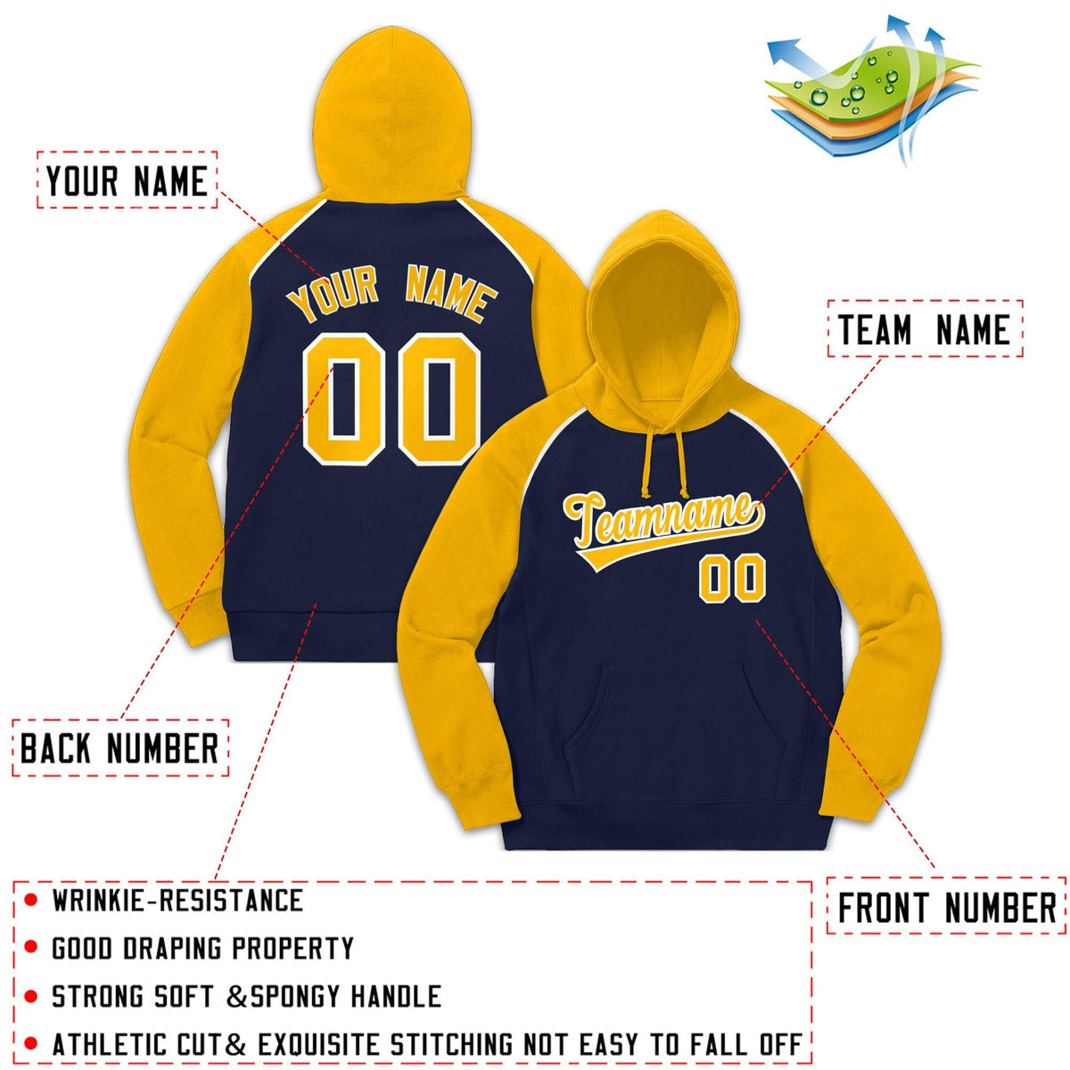 Custom Stitched Sportwear Navy Gold-White Raglan Sleeves Pullover Hoodie