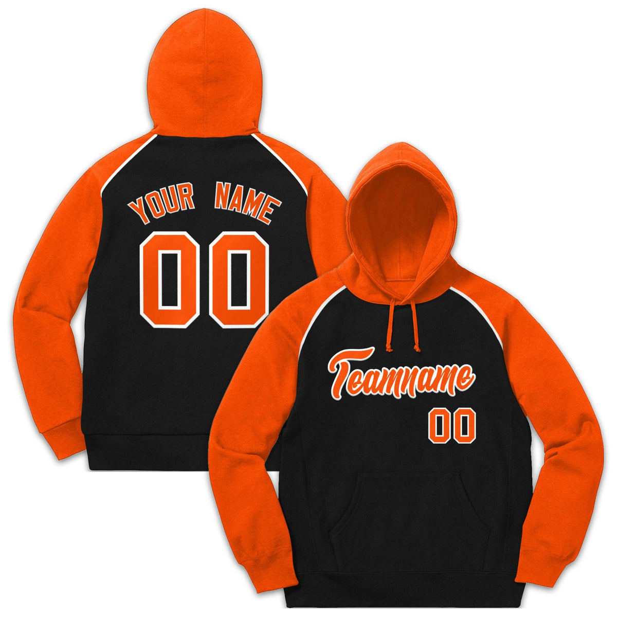 Custom Stitched Sportwear Black Orange-White Raglan Sleeves Pullover Hoodie