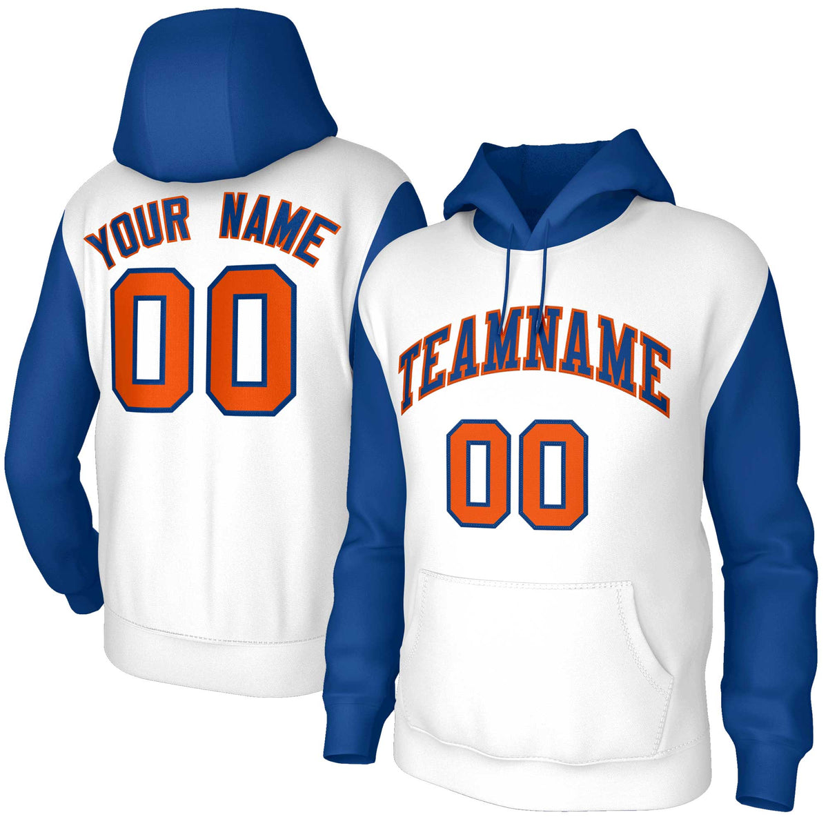 Custom White Royal-Orange Raglan Sleeves Stitched Sportwear Pullover Hoodie