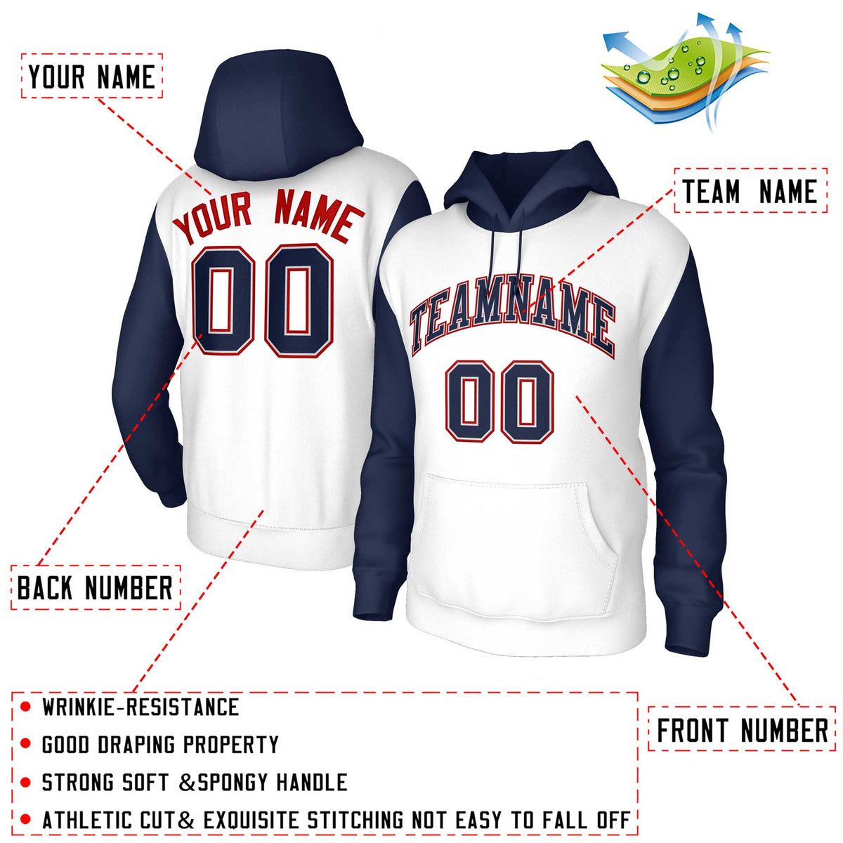 Custom White Navy-Gray Raglan Sleeves Stitched Sportwear Pullover Hoodie