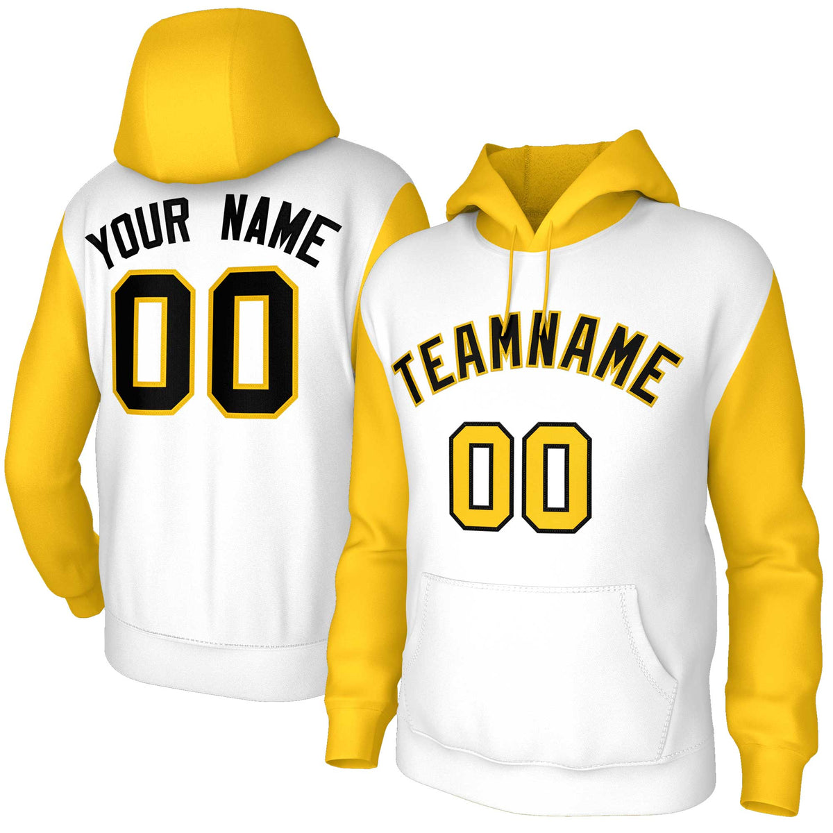 Custom White Black-Gold Raglan Sleeves Stitched Sportwear Pullover Hoodie