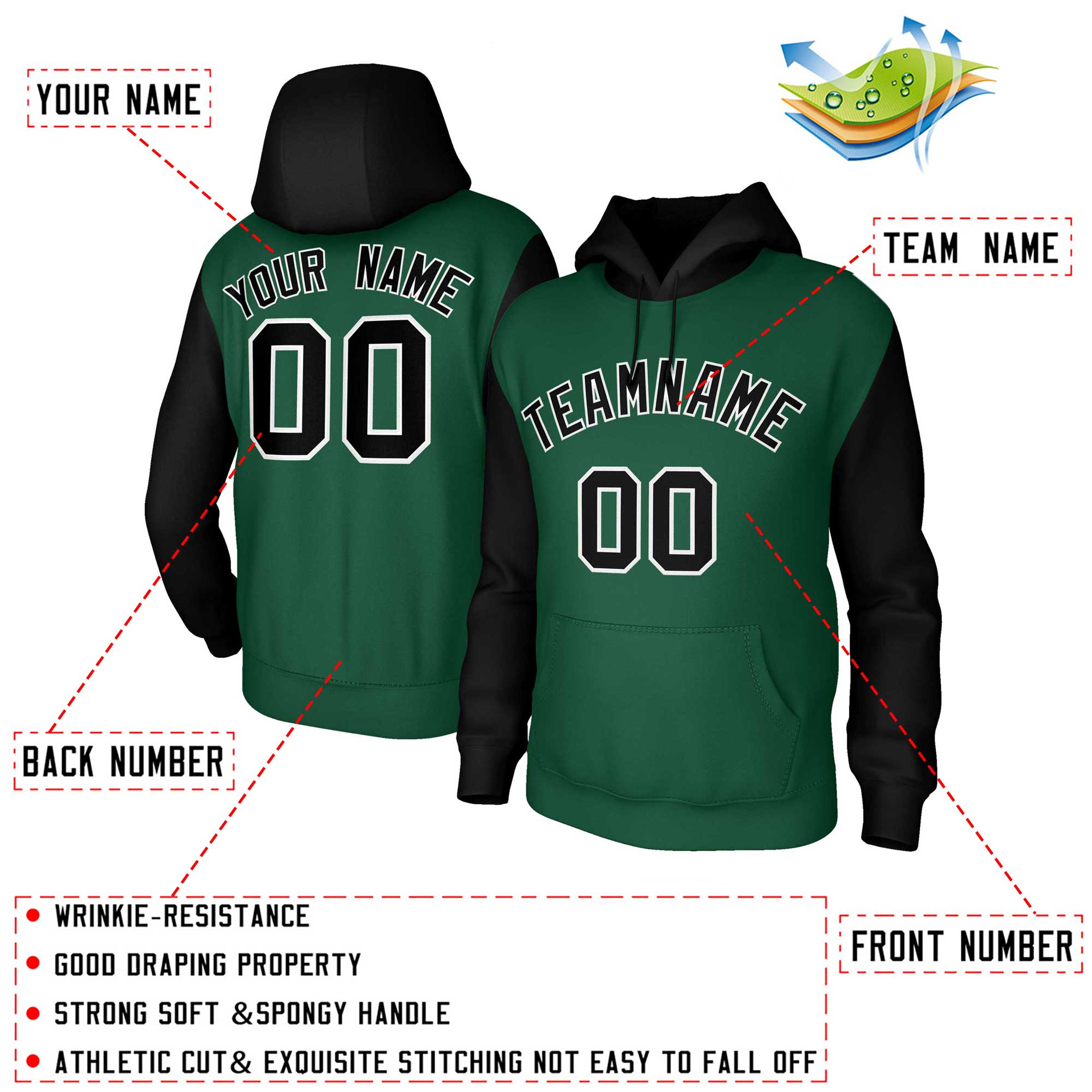 Custom Green Black-White Raglan Sleeves Stitched Sportwear Pullover Hoodie
