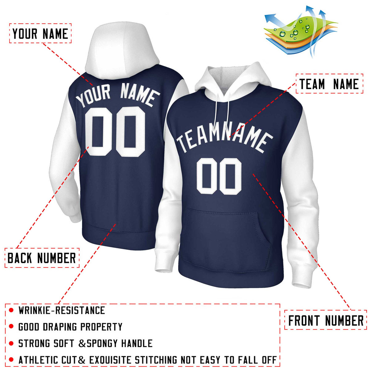 Custom Navy White-Raglan Sleeves Stitched Sportwear Pullover Hoodie