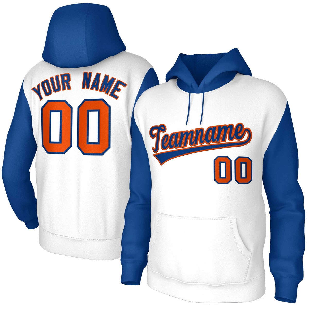 Custom White Royal-Orange Raglan Sleeves Stitched Sportwear Pullover Hoodie