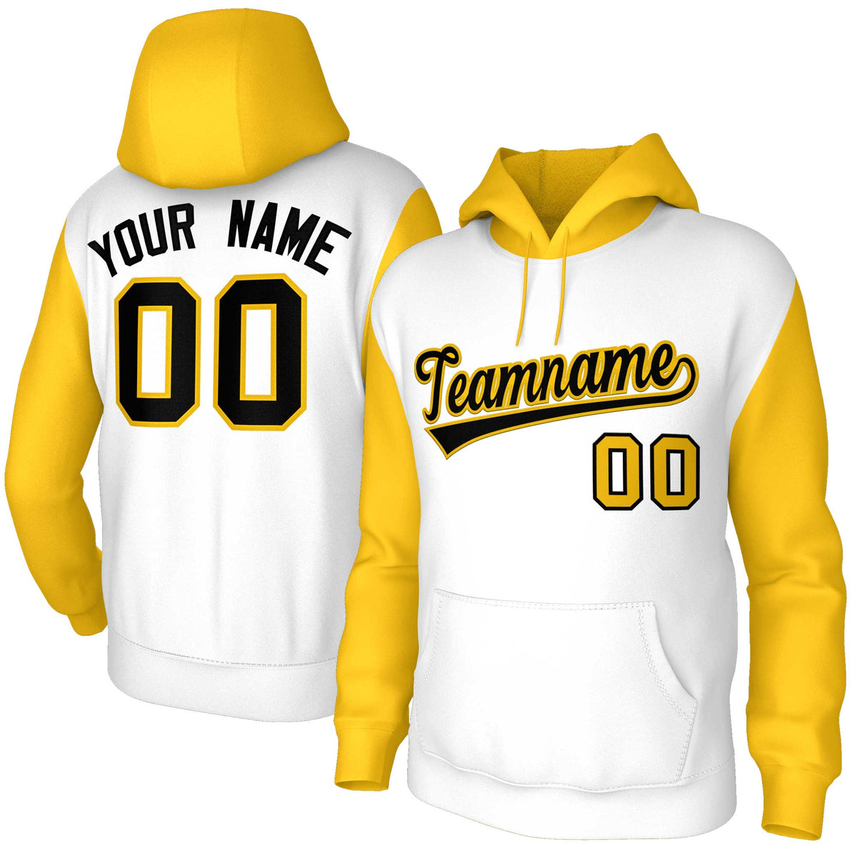 Custom White Black-Gold Raglan Sleeves Stitched Sportwear Pullover Hoodie