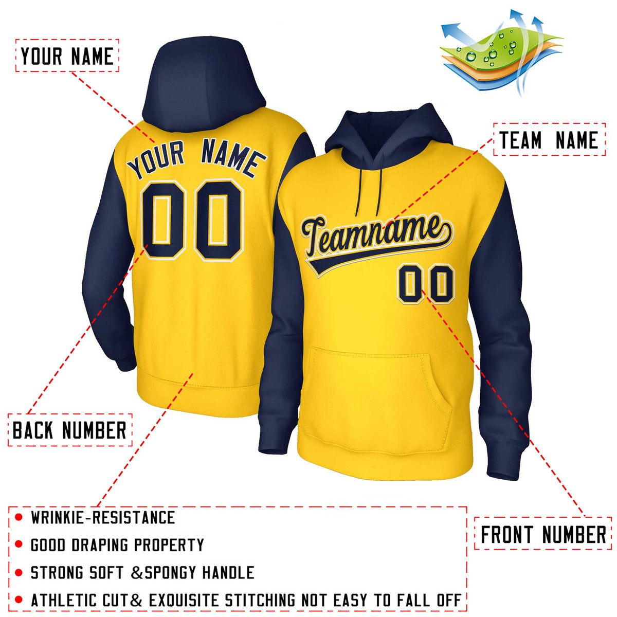 Custom Gold Navy-Gold Raglan Sleeves Stitched Sportwear Pullover Hoodie