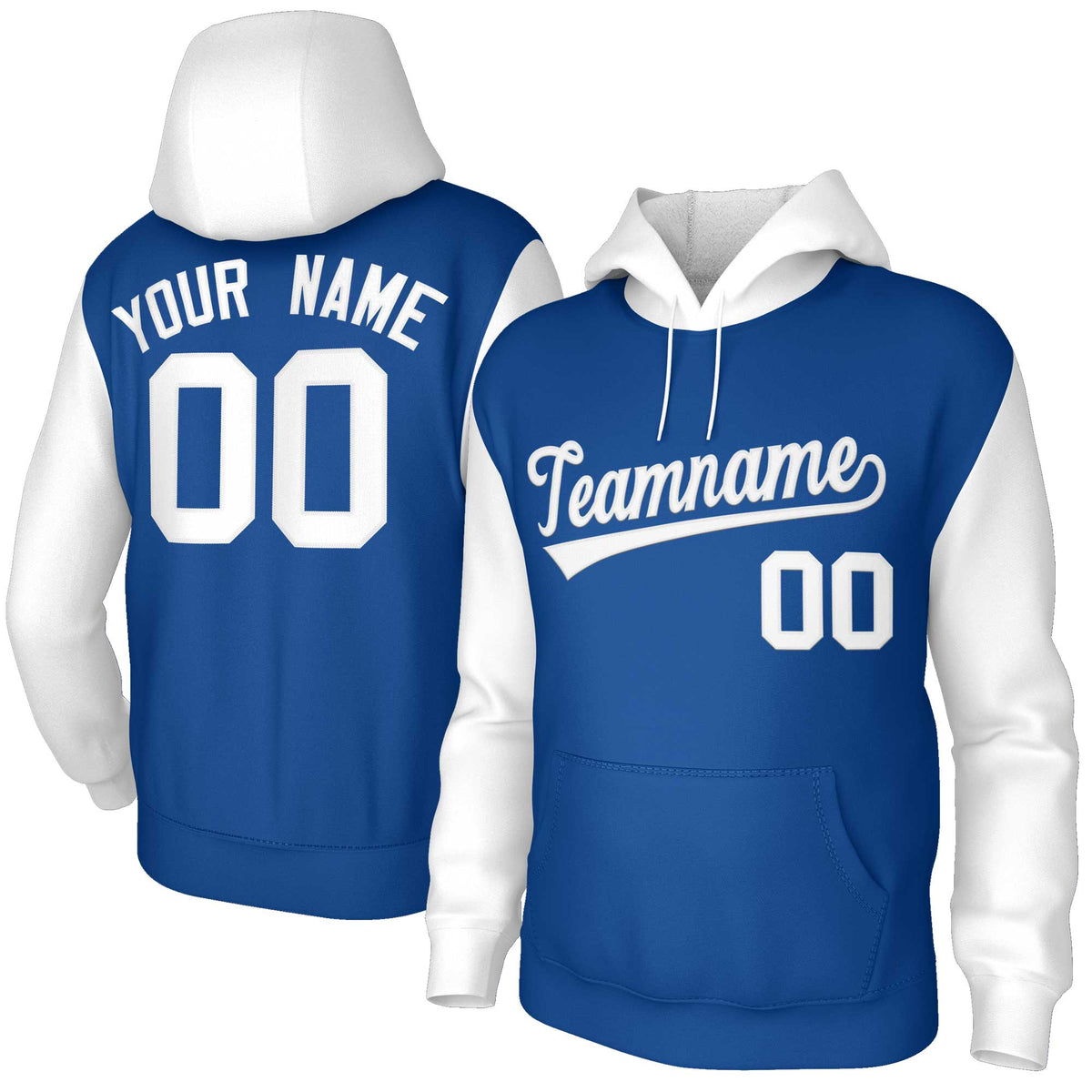 Custom Royal White-Raglan Sleeves Stitched Sportwear Pullover Hoodie