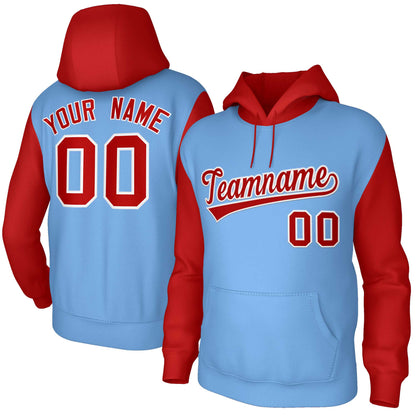 Custom Light Blue Red-White Raglan Sleeves Stitched Sportwear Pullover Hoodie