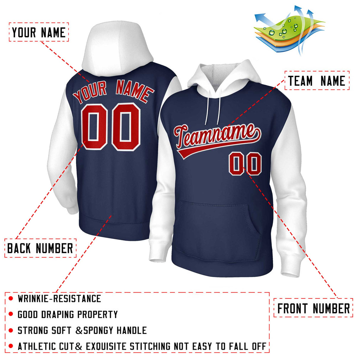 Custom Navy Red-White Raglan Sleeves Stitched Sportwear Pullover Hoodie
