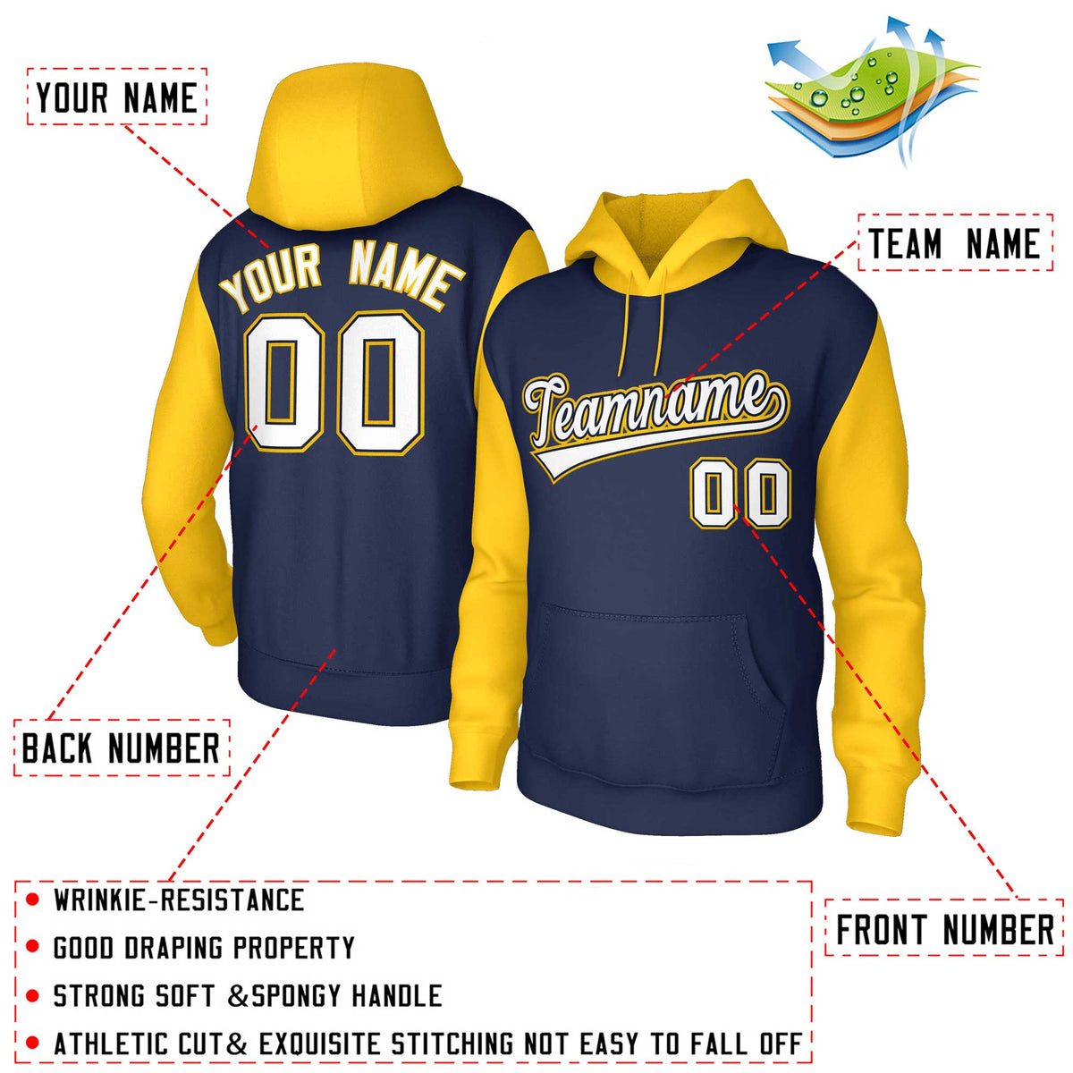 Custom Navy White-Gold Raglan Sleeves Stitched Sportwear Pullover Hoodie