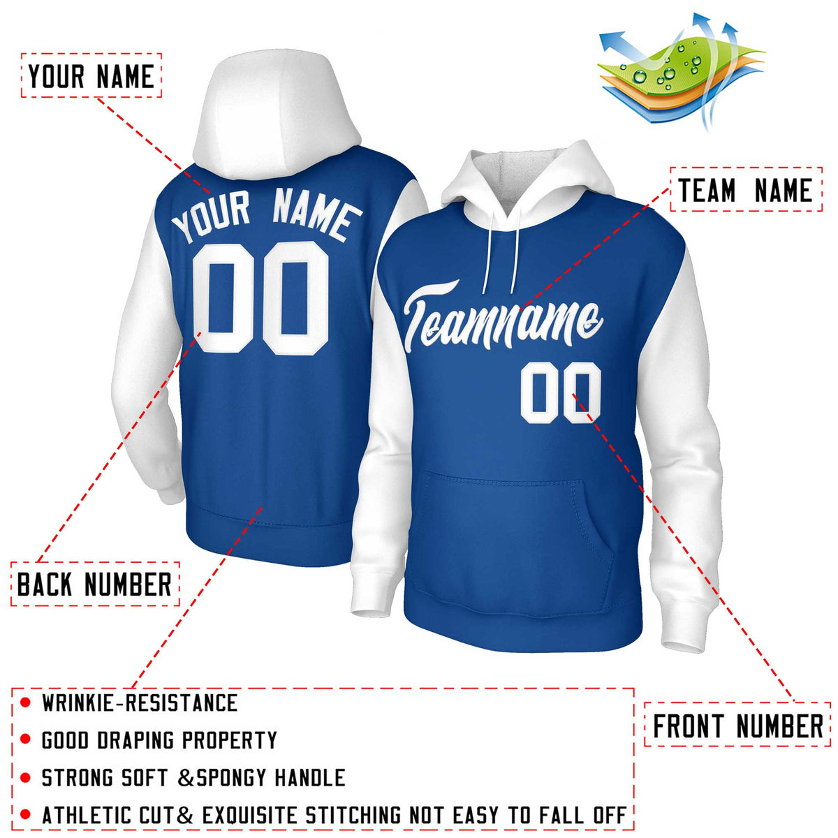 Custom Royal White-Raglan Sleeves Stitched Sportwear Pullover Hoodie