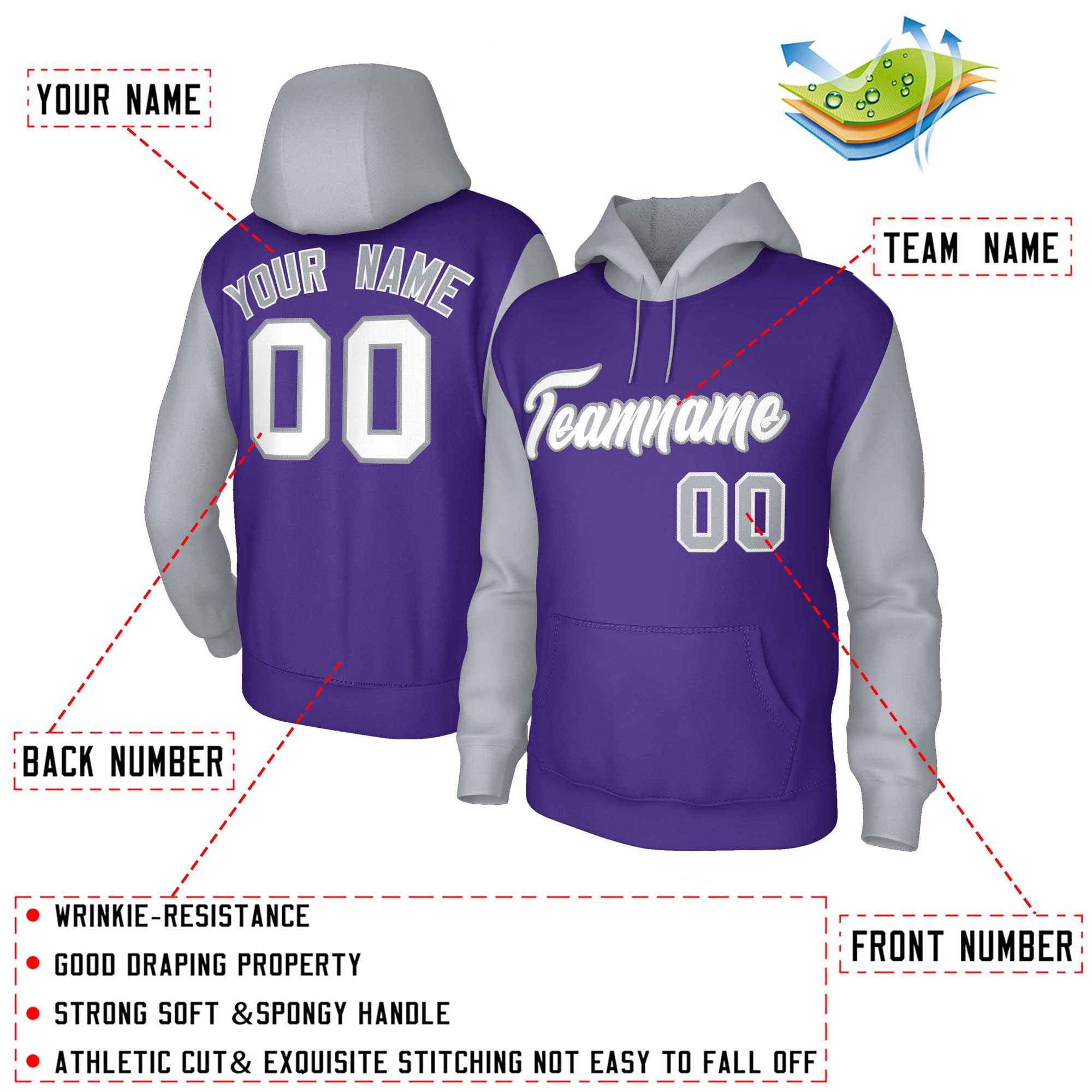 Custom Purple White-Gray Raglan Sleeves Stitched Sportwear Pullover Hoodie