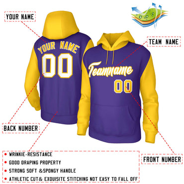 Custom Purple White-Gold Raglan Sleeves Stitched Sportwear Pullover Hoodie