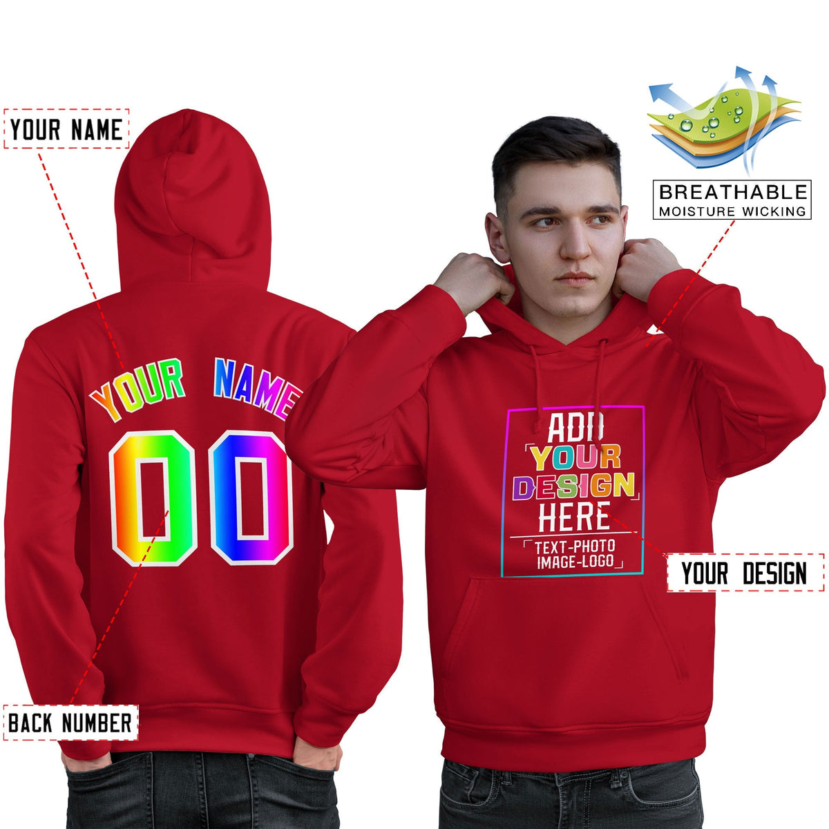 Custom Red Personalized Rainbow Color Font Team Pullover Sweatshirt Hoodie