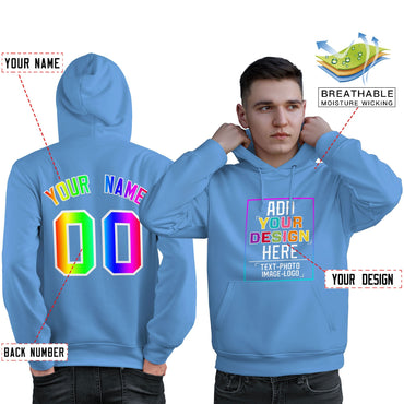Custom Powder Blue Personalized Rainbow Color Font Team Pullover Sweatshirt Hoodie