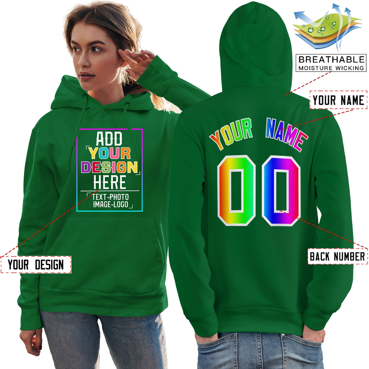 Custom Kelly Green Personalized Rainbow Color Font Team Pullover Sweatshirt Hoodie