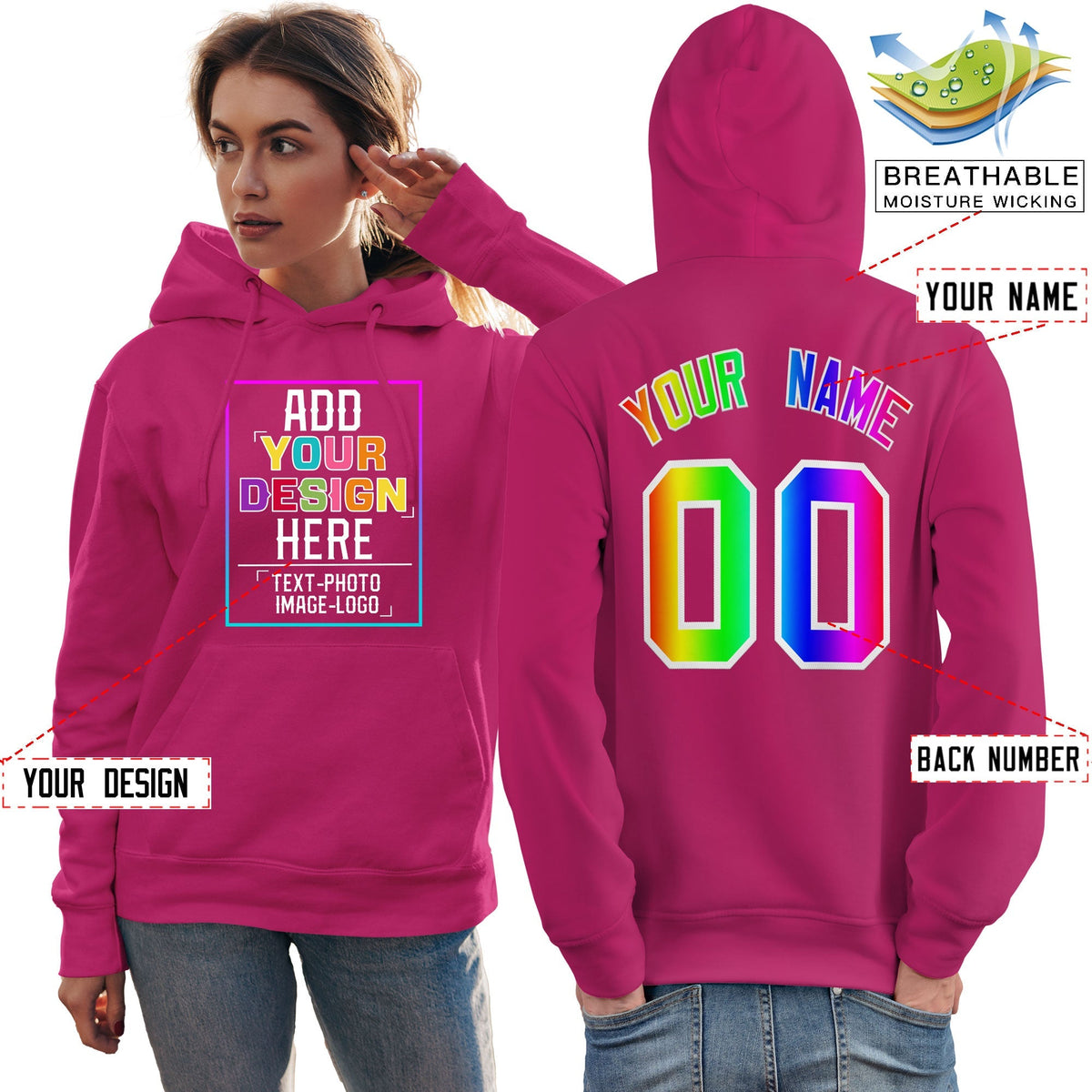 Custom Pink Personalized Rainbow Color Font Team Pullover Sweatshirt Hoodie